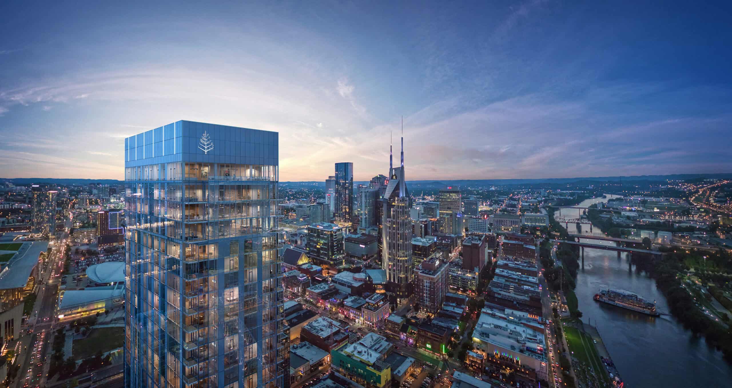 Aerial view of Nashville skyline with new Four Seasons Hotel